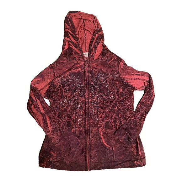 April Cornell Sweaters - red patterned bedazzled zipup hoodie. from the brand April Cornell